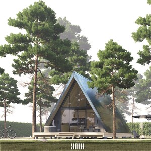 K&ouml;nnte beinhalten: Eine moderne A-f&ouml;rmige H&uuml;tte mit gro&szlig;en Fenstern, einer Holzterrasse und einem Whirlpool, umgeben von hohen Kiefern.