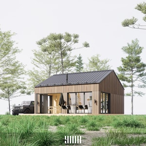 Plattegronden Tiny Gable House, beige, 1 slaapkamer, 1 badkamer, 24 x 24' (576 sqFt), 720 x 720 cm (51,84 m2), imperiale en metrische eenheid, 52 pagina's pdf, DWG
