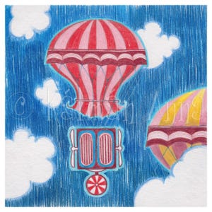 May include: A red and white striped hot air balloon with a basket attached, flying in a blue sky with white clouds. The balloon has a brown trim and a yellow and pink striped balloon is visible in the background.