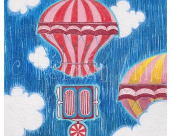 Heißluftballons und Wolken - Kunstdruck, Kinderzimmer Wandkunst, Wanddekoration für Kinder, Buntstiftzeichnung