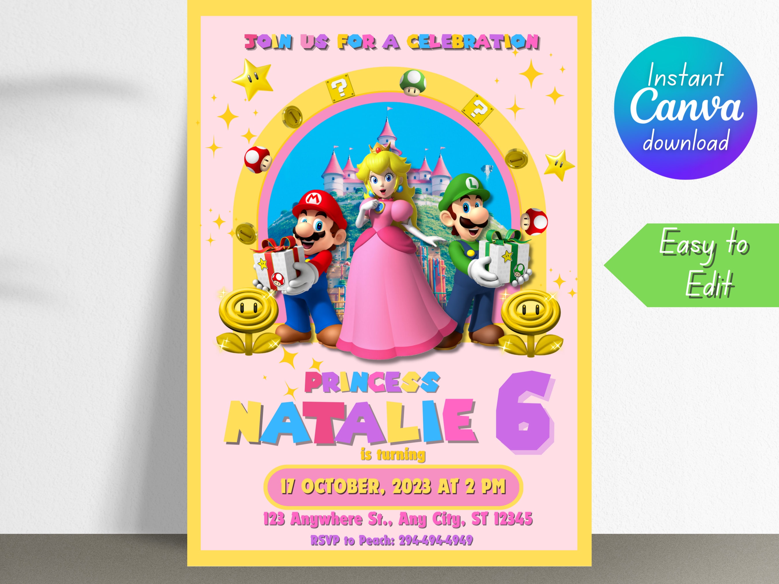 Princess Peach Invitation, Princess Peach Party, Super Mario Party