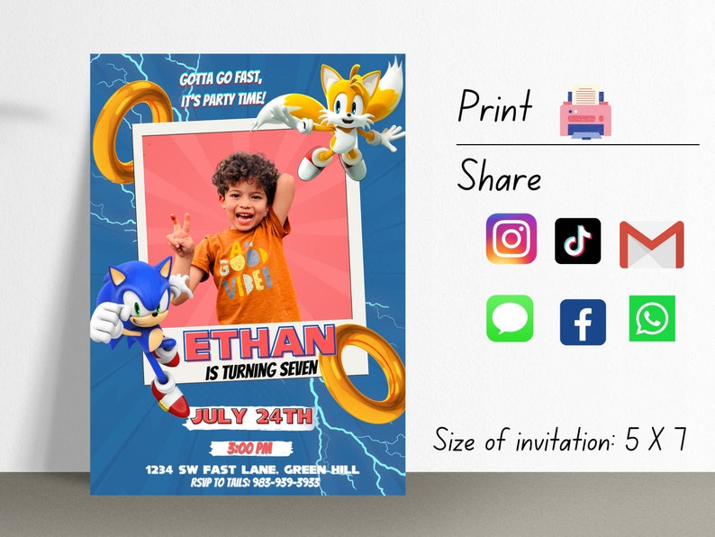 Sonic Birthday Invitation Sonic the Hedgehog Sonic Party Invitation