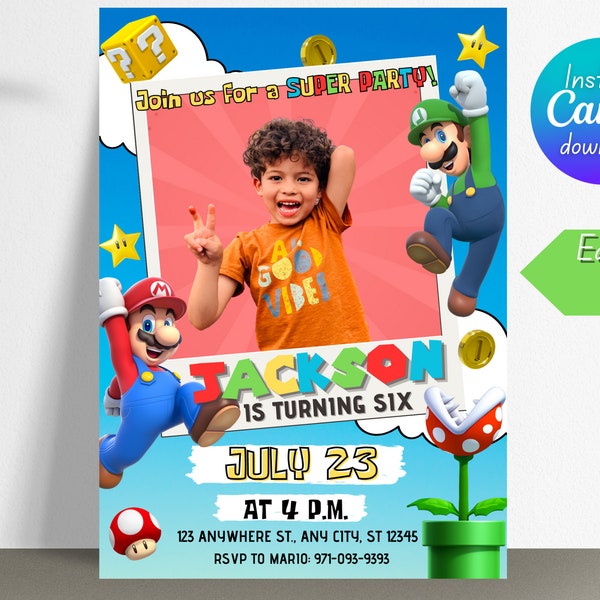 Super Mario Birthday Invitation | Super Mario Bros Instant Download | Super Brothers Boy Invite | Super Mario Photo invitation | Canva