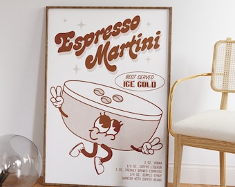 Espresso Martini Cartoon Print | 50s Ästhetisches Cocktail Poster | Trendiger Retro Charakter | Barwagen Dekor | Küche Druck | DIGITAL