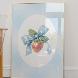 Coquette Strawberry Bow Print, Preppy Nursery Wall Art, Baby Girl Shower Gift, Cottagecore Aesthetic