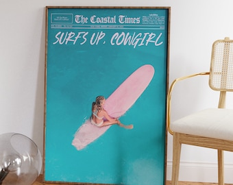 Trendy Coastal Cowgirl Wall Art, Coastal Times, Retro Newspaper Print, Beachy Wall Art