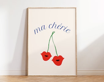 Ma Cherie DIGITAL PRINT | Trendy Cherry Print | Retro Cherries Poster | French Wall Decor |  Aesthetic Printable