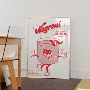 NEGRONI Impresión retro, cartel de cóctel de dibujos animados, ilustración de personajes, arte de carrito de bar, decoración de cocina, descarga instantánea