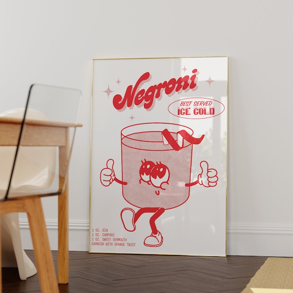 NEGRONI Retro Print, Cartoon Cocktail Poster, Character Illustration, Bar Cart Art, Kitchen Decor, Instant Download