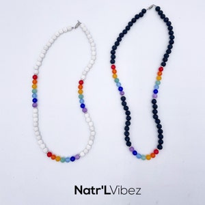 LGBTQ Pride Flag Themed Beaded Necklaces with Rainbow Dyed Jade Beads and Black or White Lava Stone Beads