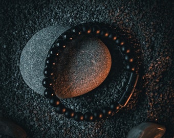 Men's Black Obsidian and Onyx Double Beaded Leather Bracelet, Unisex Black Double Bracelet with Magnetic Clasp