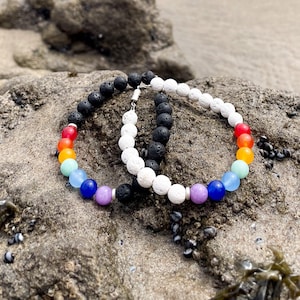 LGBTQ Pride Bracelets, Rainbow Dyed Jade Beads and Braided Leather Double Banded Bracelet with White or Black Lava Stone Beads