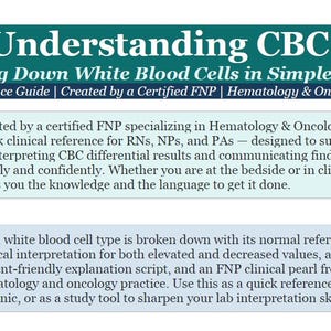 Könnte beinhalten: Ein klinischer Leitfaden mit dem Titel Understanding CBC: Breaking Down White Blood Cells in Simple Terms. Er enthält Abschnitte zum Zweck für medizinisches Fachpersonal sowie Anleitungen zur Verwendung bei der Interpretation von Laborwerten.