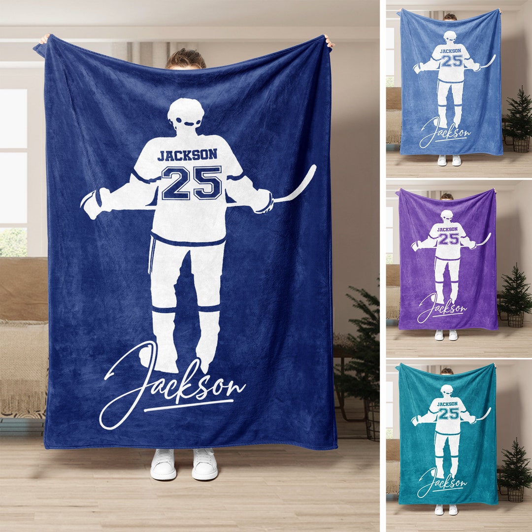 Personalized Hockey Blanket, Custom Name Number Soft Cozy Sherpa Fleece