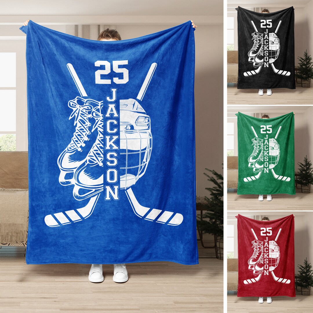 Personalized Hockey Blanket, Ice Hockey Blanket, Custom Name Soft Cozy