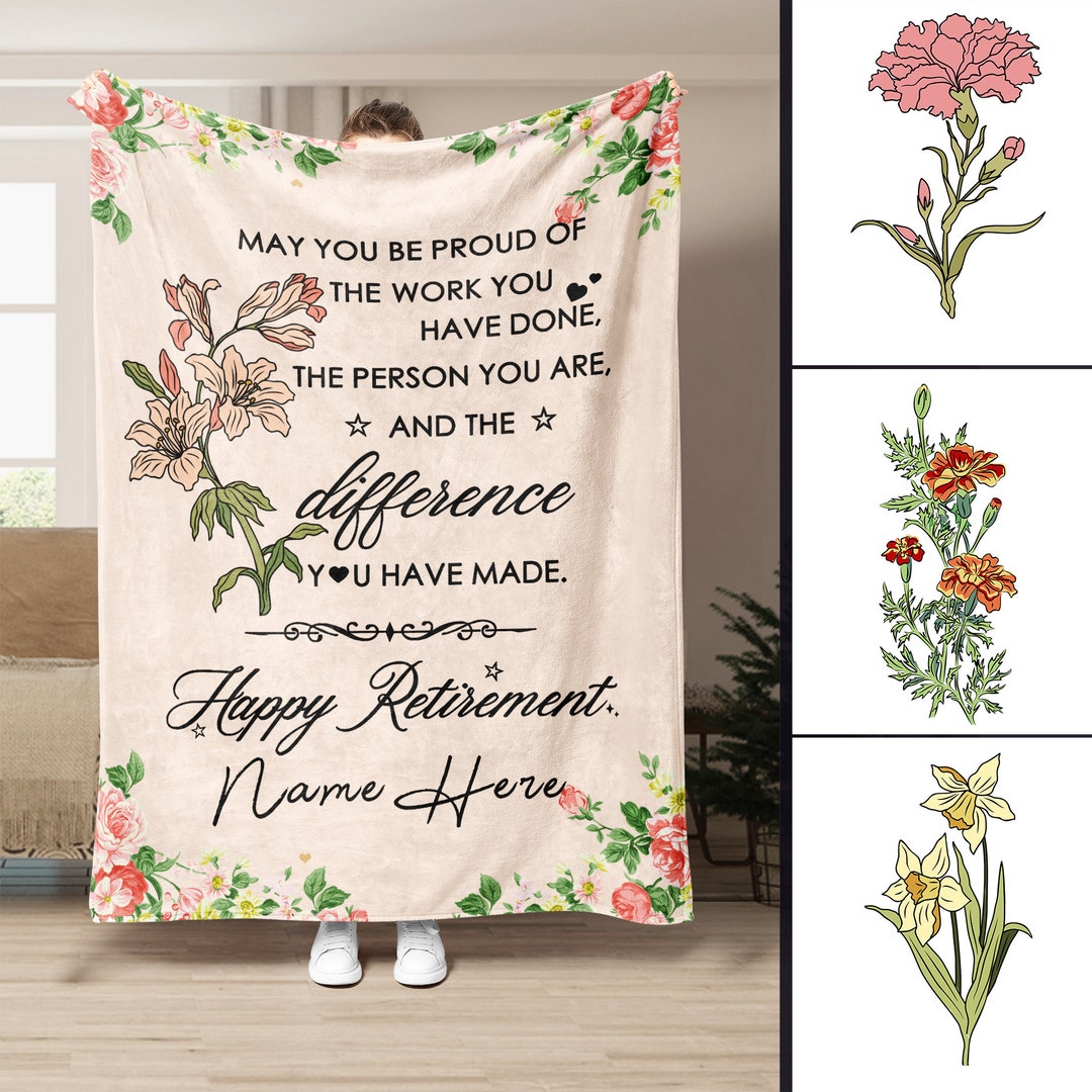 Personalized Retirement Blanket, Birth Month Flower Blanket, Custom