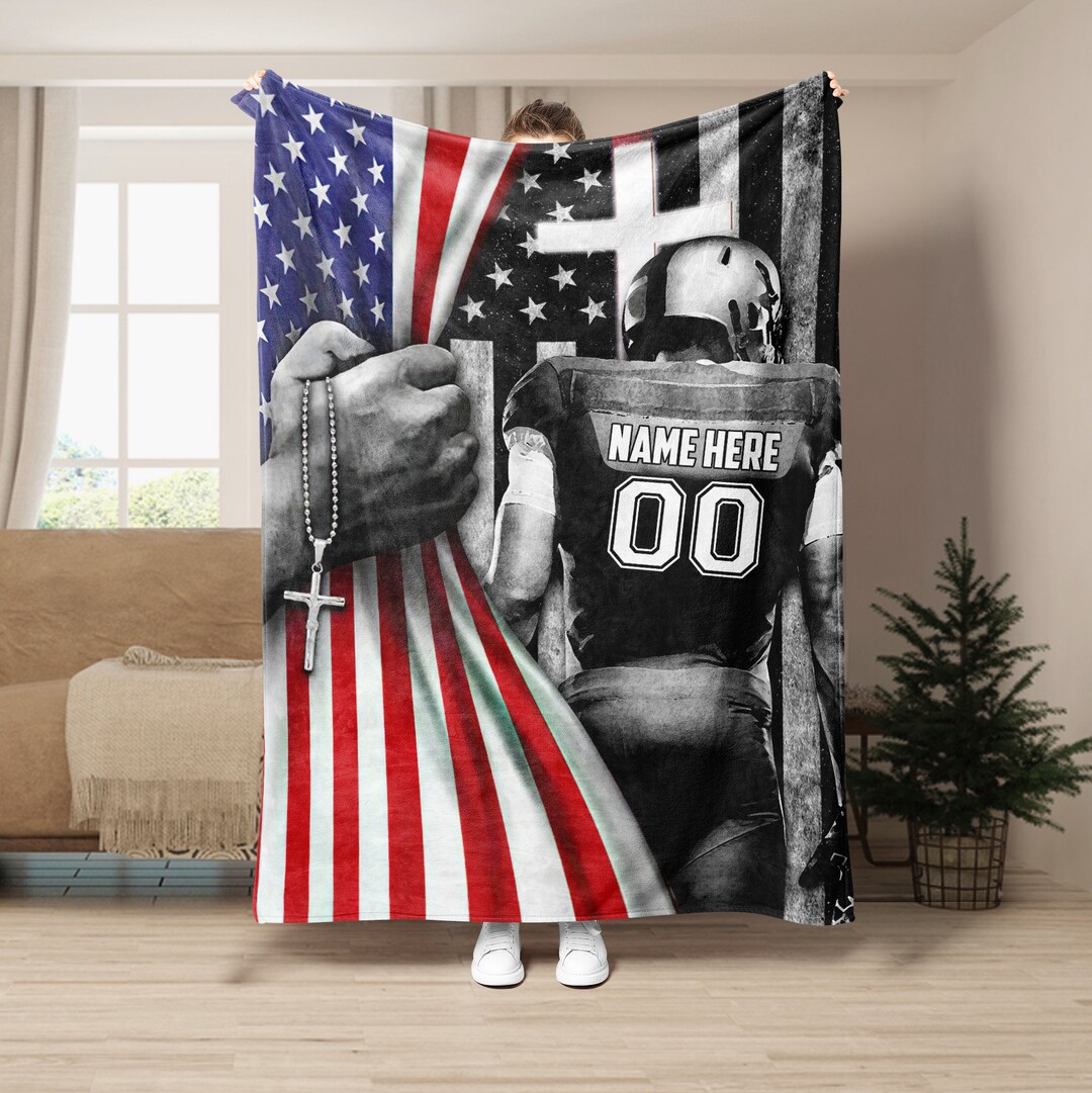 Personalized Football Blanket, Football Player US Flag Soft Cozy Sherpa