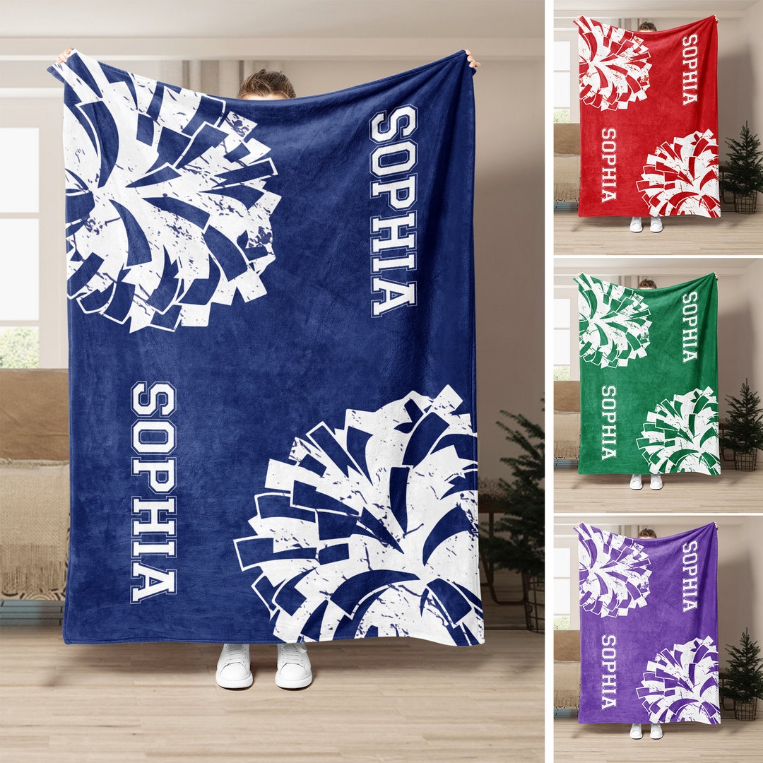 Personalized Cheerleading Blanket, Cheer Pom Poms Soft Cozy Sherpa Fleece Throw Blankets, Custom