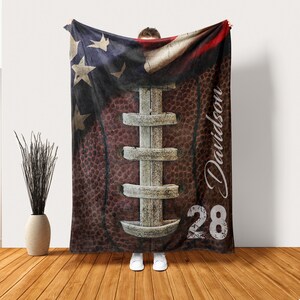 Personalized Football Blanket, Football American Flag Soft Cozy Sherpa Fleece Throw Blankets, Custom Football Gift for Son, Boyfriend, Kid