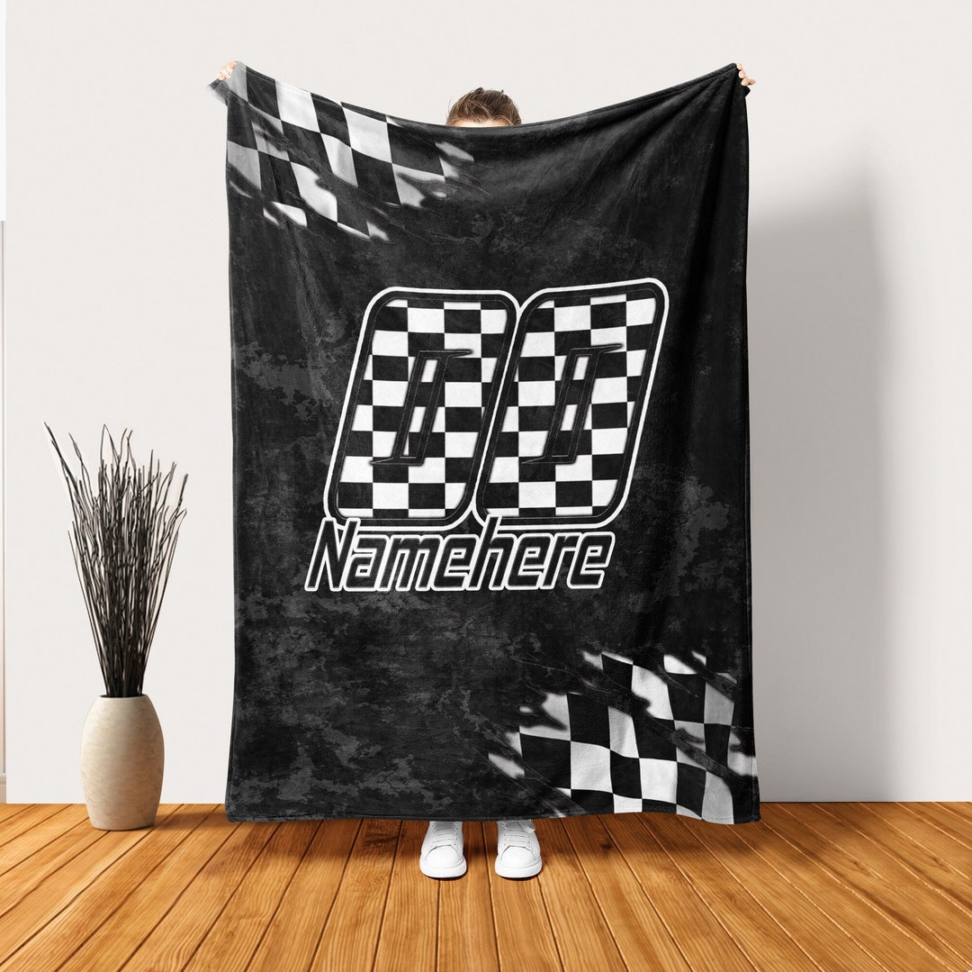 Personalized Racing Blanket, Custom Name Number Checkered Flag Soft Cozy Sherpa Fleece Throw