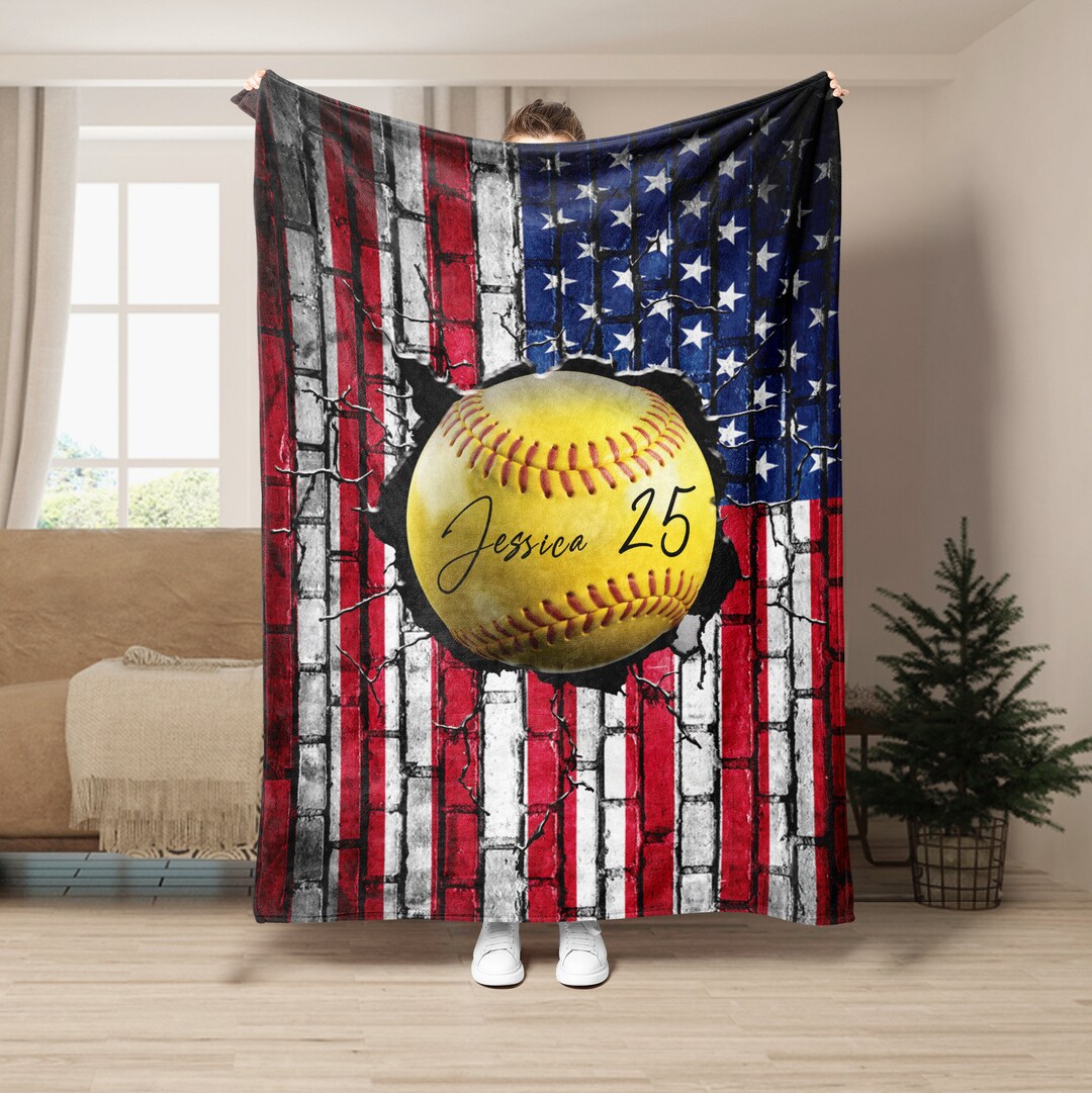 Personalized Softball Blanket, Ball & US Flag Blanket, Custom Soft Cozy