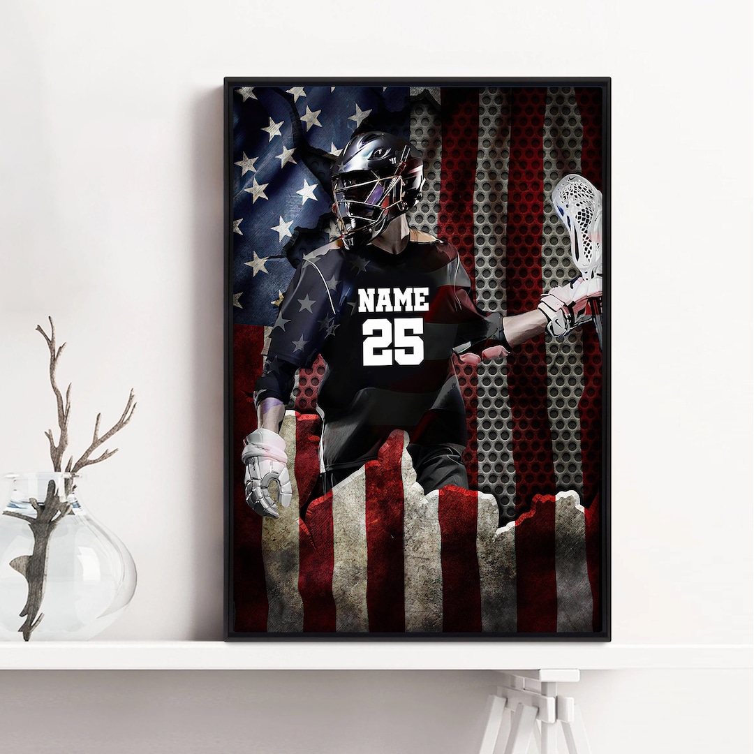 Personalized Lacrosse Poster/canvas, Lacrosse Player & American Flag