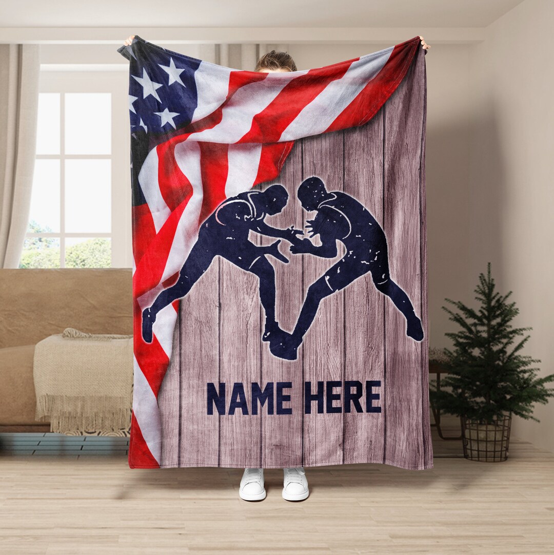 Personalized Wrestling Blanket, Wrestler & US Flag Soft Cozy Sherpa