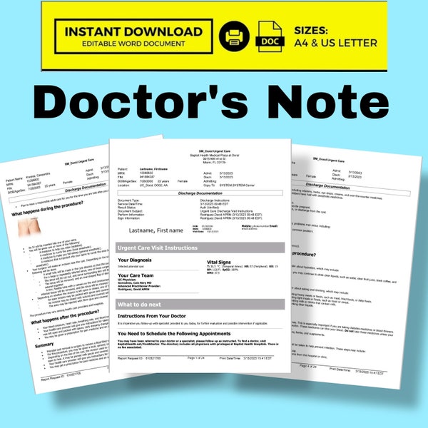 Personalized Medical Absence Doctor's Note Letter | Highly Customizable & Confidential | Unique | editable PDF Included"