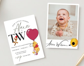 2o cumpleaños, Invitación a la fiesta de cumpleaños de Winnie the Pooh, Fiesta de Piglet Tigger Eeyore, Invitación digital de plantilla editable clásica de Winnie the Pooh