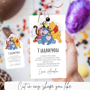 Winnie the Pooh Compleanno Grazie Tag Bomboniera, Compleanno dell'orso di miele, Download digitale stampabile compleanno Disney, Etichetta regalo Pooh