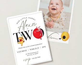 Invitación a la fiesta de cumpleaños de Winnie the Pooh de género neutro, tarjeta de invitación de segundo cumpleaños, invitación digital editable clásica de Winnie the Pooh