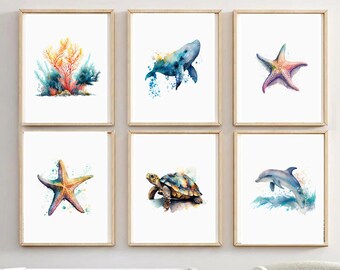 Lot de 6 impressions, impressions sous la mer, affiches d'animaux marins, décoration de chambre de garçon, art mural sous l'océan, océan à imprimer, impression de chambre de bébé
