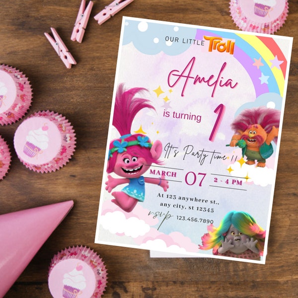 Trolls Invitation, Kids Birthday party invite, Princess Poppy Invite, Trolls Birthday Printable invitation Digital download Editable Templat