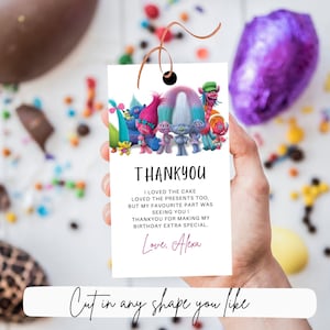 Etiquetas de agradecimento para aniversário de Trolls Favor de festa Aniversário de Trolls, Princesa Poppy, Aniversário de Trolls para download digital imprimível, etiqueta de presente de Trolls