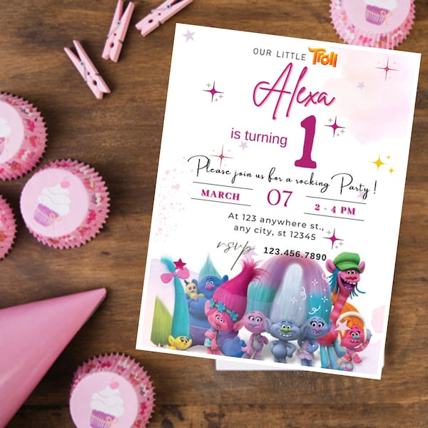 Trolls Invitation, Trolls Kids Birthday party invite, Princess Poppy Invite, Trolls Birthday Printable invitation Digital download Editable