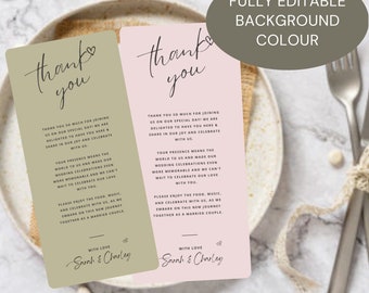 May include: Two thank you cards with a simple handwritten font. The cards are on a green and pink background with the text "Thank you" and the names "Sarah & Charley".