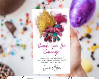 Poppy Viva Trolls, Trolls Birthday Thank You Tags Party Favor Trolls, Trolls gift tag, Trolls personalized, made to order digital download