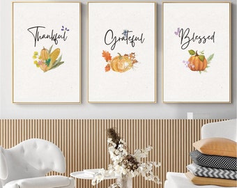 Conjunto de 3 arte de pared imprimible de Acción de Gracias, impresiones digitales agradecidas y benditas, arte de pared imprimible de otoño, impresiones de otoño, cartel de gratitud