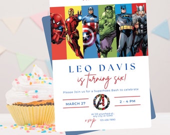 Invitación de superhéroe de los Vengadores, plantilla de invitación a fiesta digital para niños, plantilla de invitación de cumpleaños de superhéroe editable, tarjeta de Spiderman Avengers