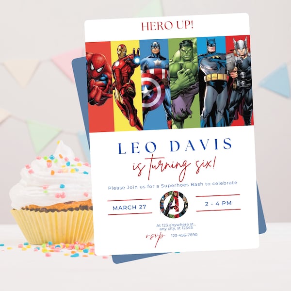 Invitation de super-héros Avengers, modèle d'invitation de fête numérique pour enfants, modèle d'invitation d'anniversaire de super-héros modifiable, carte Spiderman Avengers