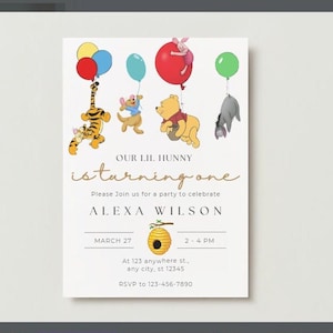 Invitación a la fiesta de cumpleaños de Winnie the Pooh, fiesta de Piglet Tigger Eeyore, plantilla de invitación editable clásica de Winnie the Pooh invitación digital