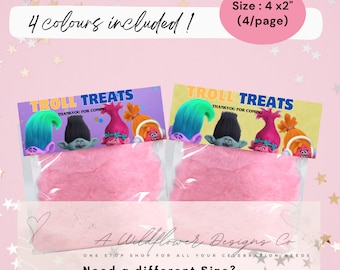 Trolls Birthday Party Favors, Trolls Treats Label, Treat Bag Toppers, Trolls Candy, Trolls Party Favor labels, Instant Digital download