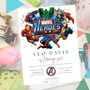 Aniversário da Marvel, convite de aniversário de super-herói, modelo editável de festa dos Vingadores, convite de festa do Homem-Aranha, convite de festa de aniversário editável