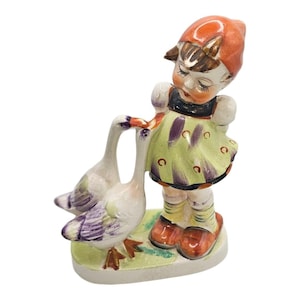 Vintage Porcelain Girl with Geese Figurine Hand Painted Made in Japan