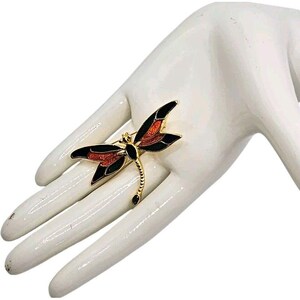 Vintage Goldtone Orange Green Blue Enamel DRAGONFLY Brooch Pin