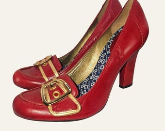 BCBGirls Rote Leder Schnalle Pumps Goldakzent Blockabsatz Vintage Schuhe READ DESC