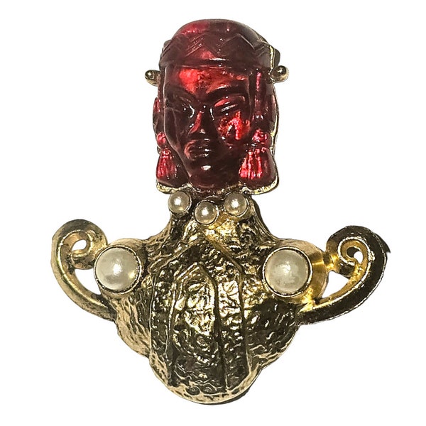 Unsigned Selro/Selini Vintage Asian/Thai Princess Genie Red Carved Face Brooch