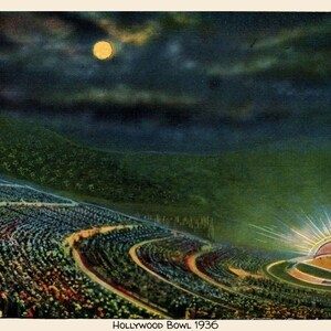 Cartão vintage para impressão do Hollywood Bowl de 1936, arte da Califórnia, cartão em branco dobrável, download digital, impressão de arte, decoração de parede vintage de Los Angeles