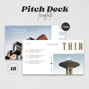 May include: A presentation template titled "Pitch Deck Template" with the text "THINK" and "VISION" on the slides. The template includes a modern architectural image and a graphic of a water tower. The Canva logo is visible.