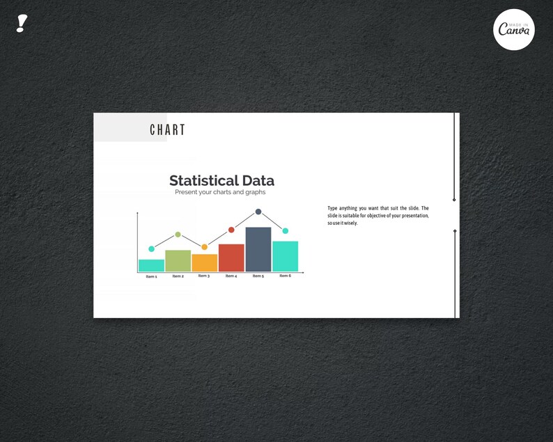 May include: A presentation slide with the title "CHART" and the text "Statistical Data". A colorful line and bar graph is displayed, with the text "Present your charts and graphs". The background is a dark grey textured surface.